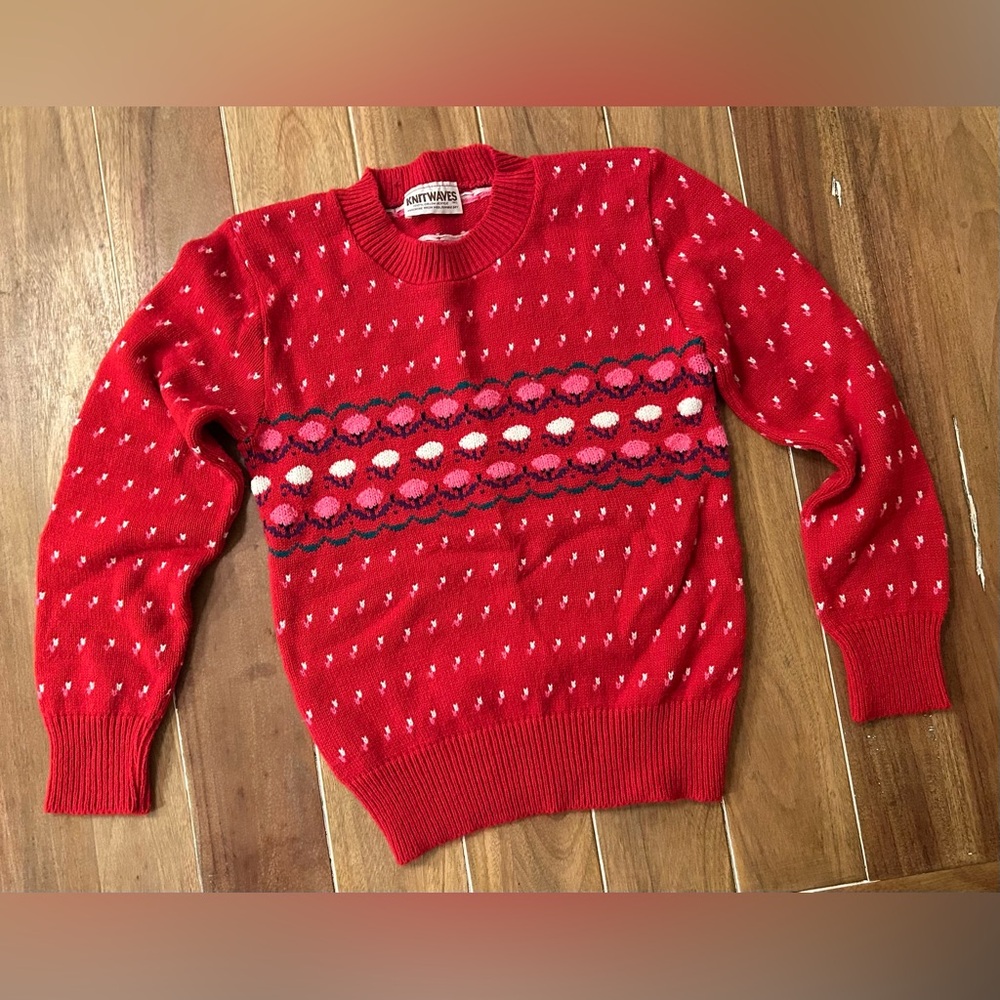 Vintage Knitwaves Kids Red Pink Floral Knit Sweater Orlon Acrylic Size 5/6